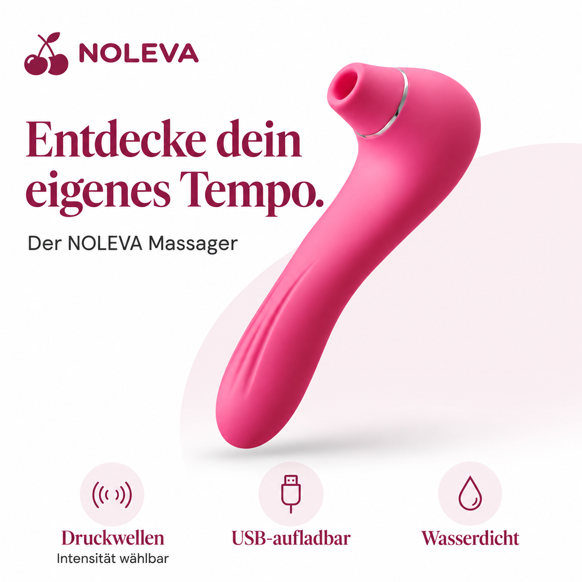 NOLEVA Impuls-Massager: Druckwellen, wählbare Intensität, USB-aufladbar und wasserdicht.