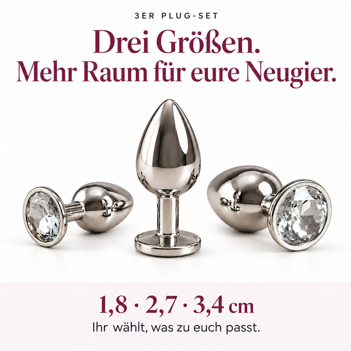 Drei Größen zum Kennenlernen: NOLEVA Plug-Set mit Größenangaben 1,8, 2,7 und 3,4 cm. Ihr wählt, was zu euch passt.