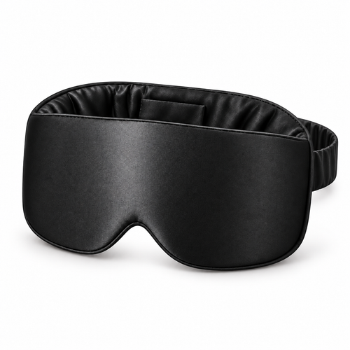 NOLEVA Premium Satin Augenbinde in Schwarz auf weißem Hintergrund