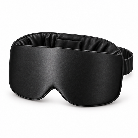 NOLEVA Premium Satin Augenbinde in Schwarz auf weißem Hintergrund